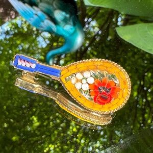 Antique Venetian Micromosaic Dainty Floral Golden Mandolin Brooch Pin
